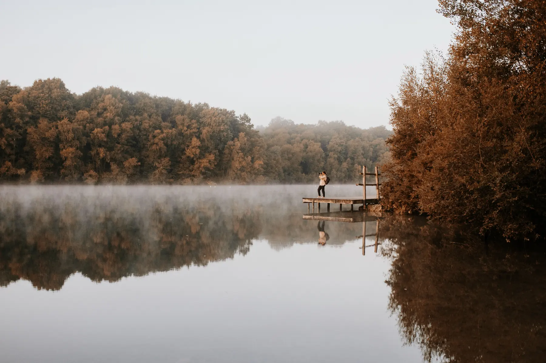 Un étang pris dans la brume, un matin d’automne.