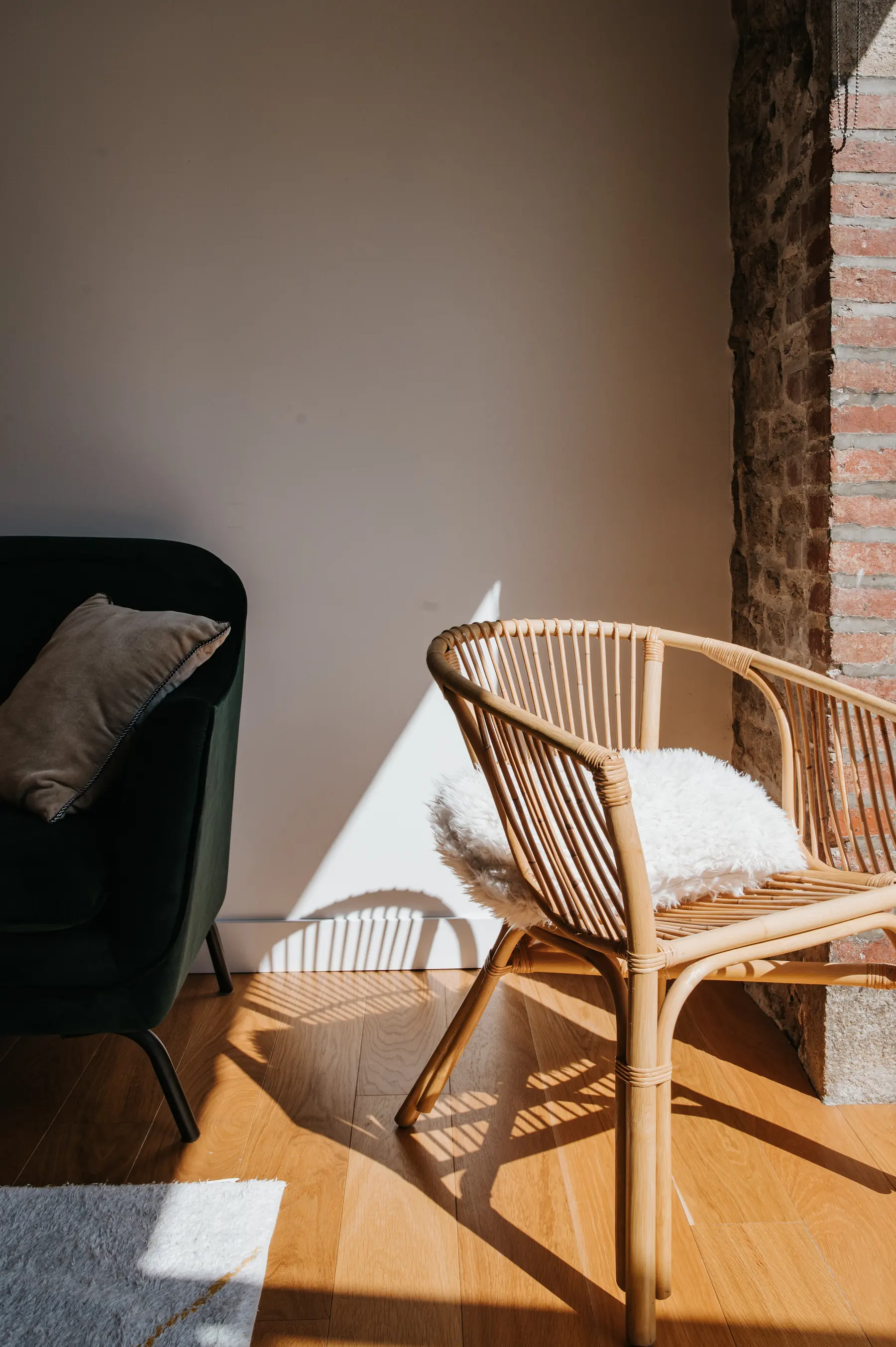 La lumière du matin traverse un salon et dessine des trapèzes clairs sur le parquet.
