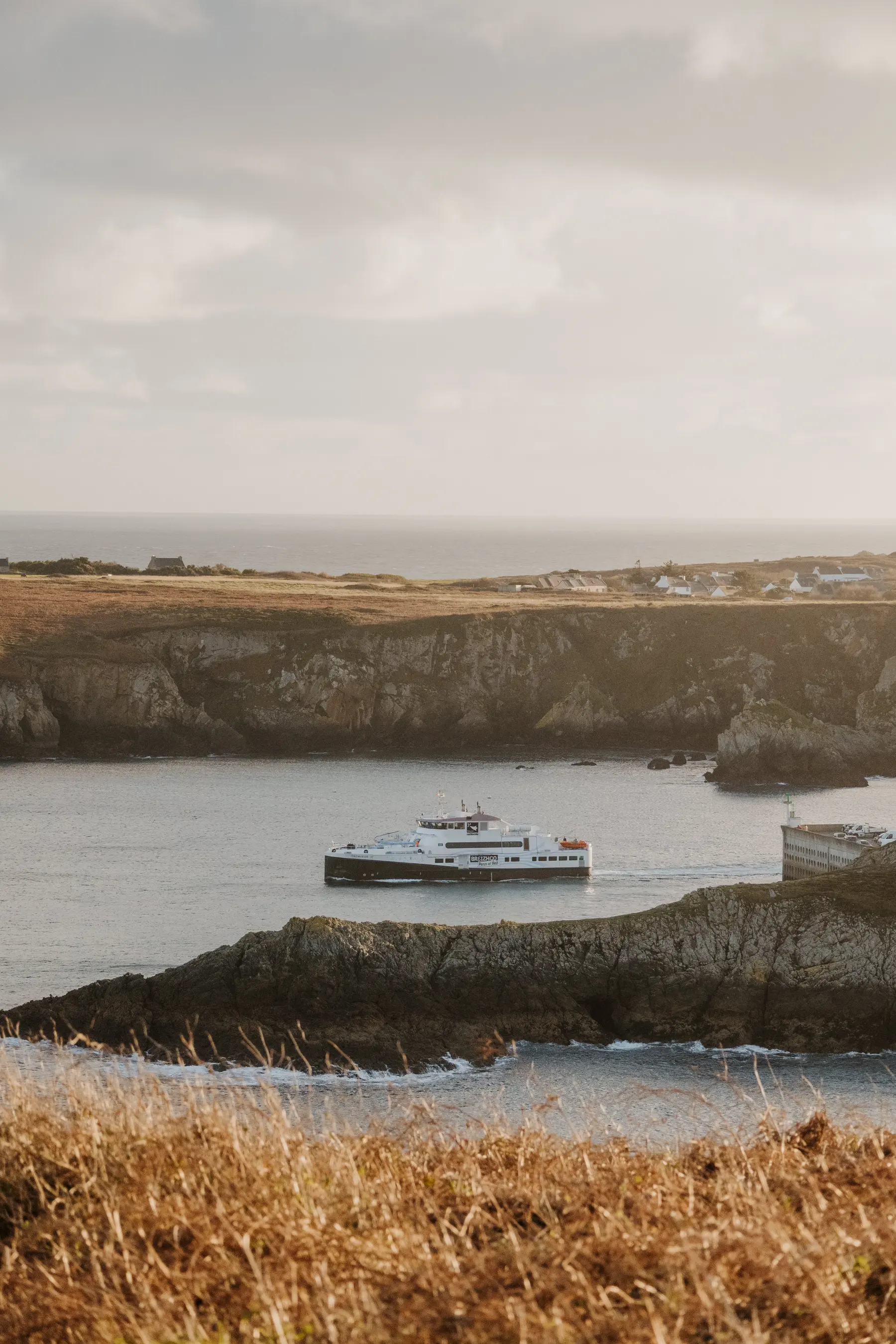 Un bateau longe une côte de falaises et de lande.